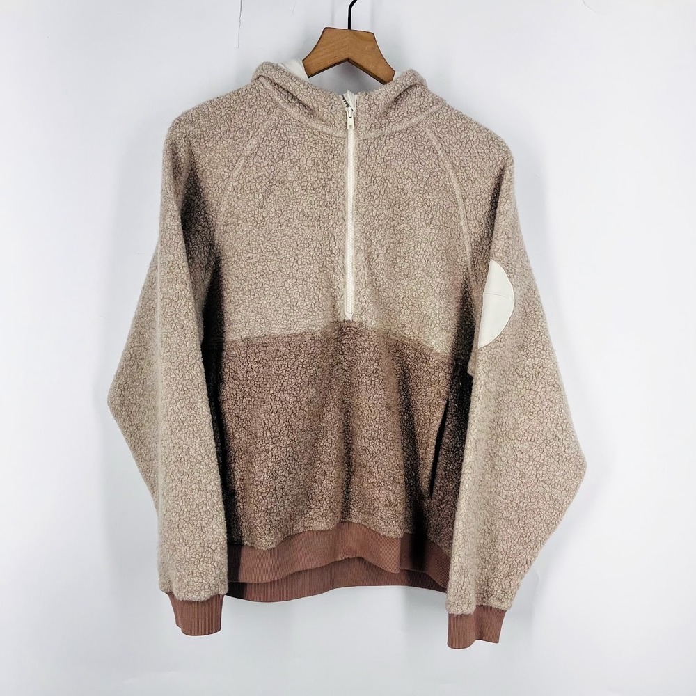 Outdoor Voices MegaFleece Half-Zip Hoodie Tan Brown Colorblock Wool Blend XL
